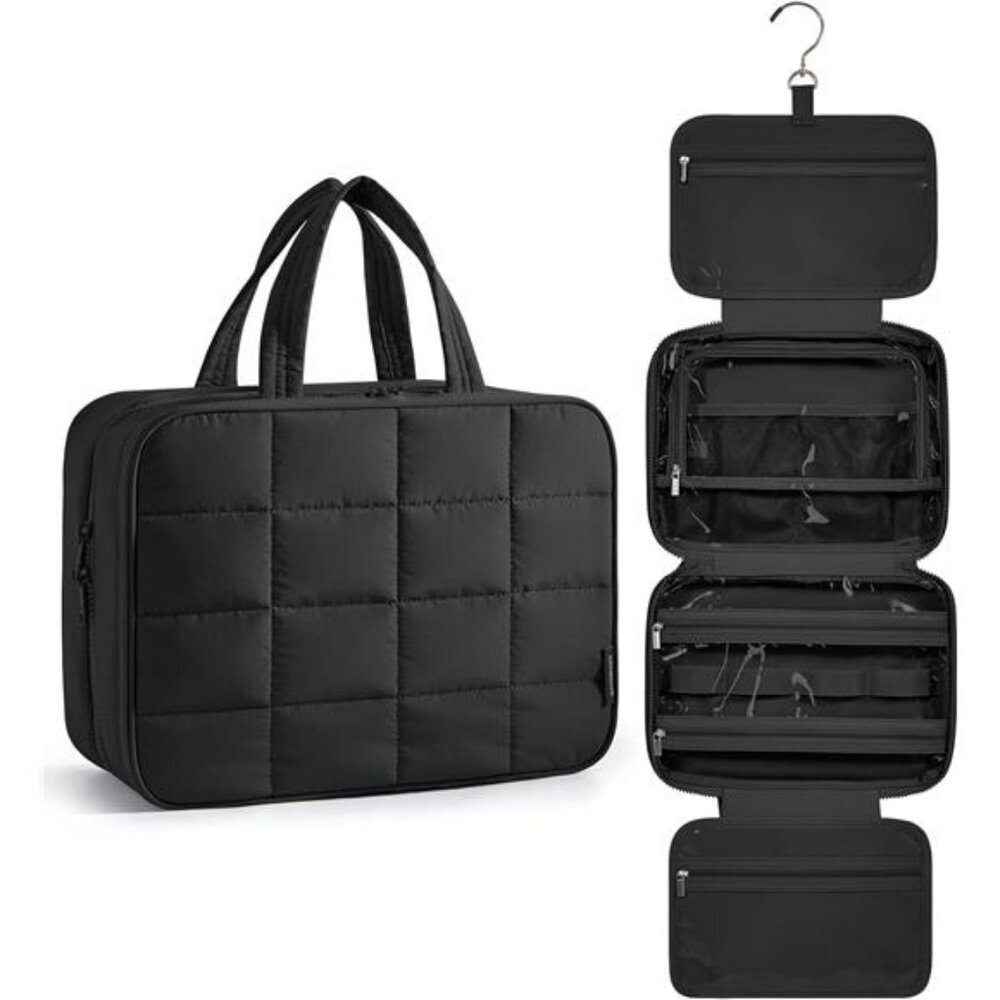 Hanging travel toiletry bag with jewelry organizer cosmetic makeup storage case